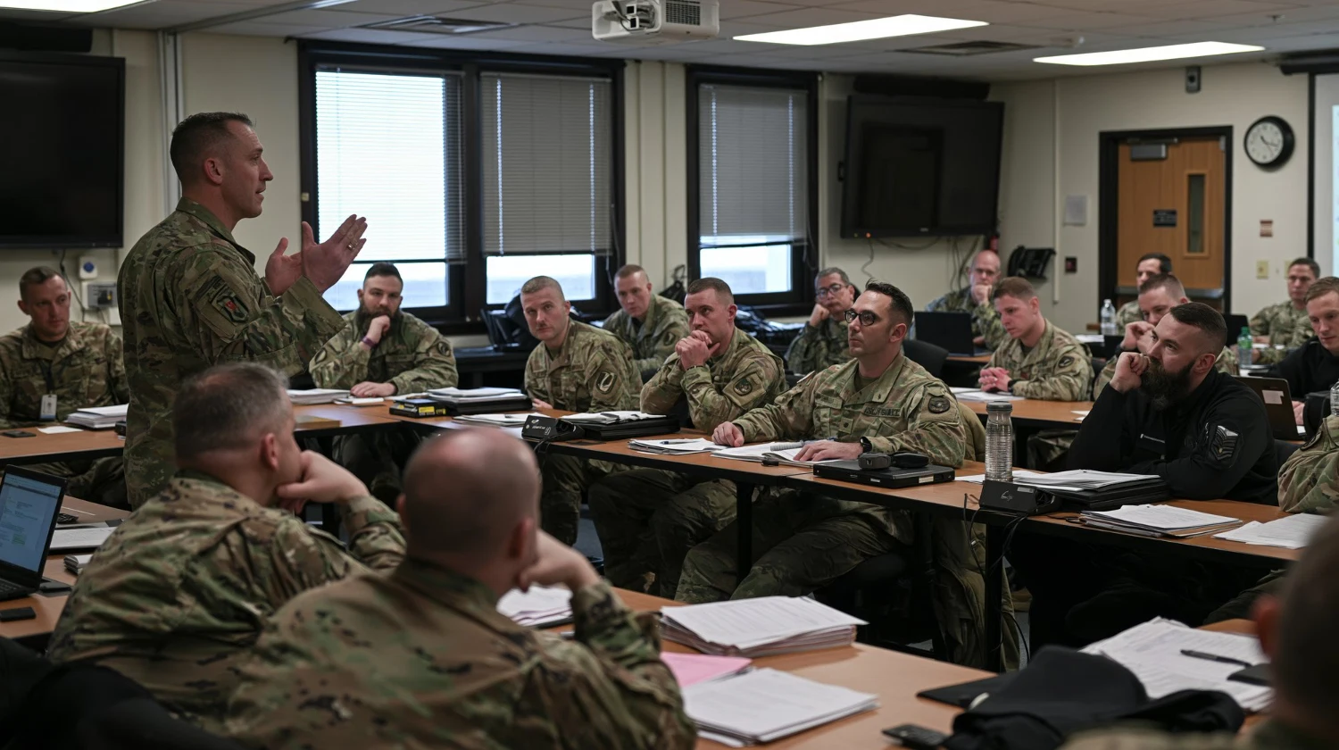 Cadets in uniform listening to an instructor in a senior military college classroom