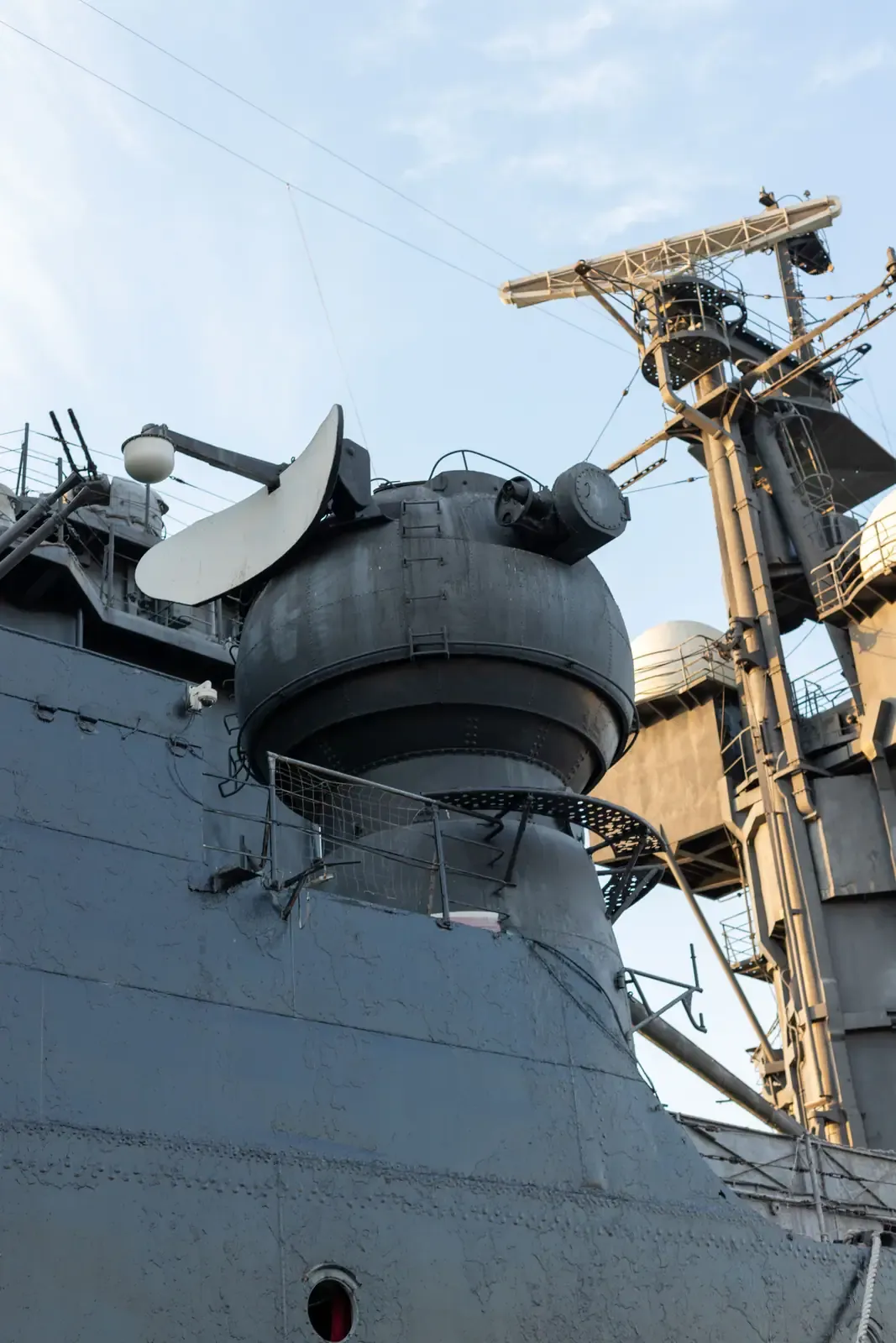 Radar and antenna mast on top of a naval ship