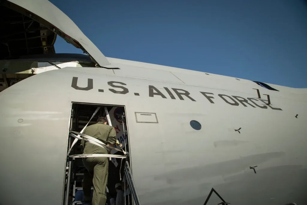 U.S. Air Force cargo plane with its nose open for loading
